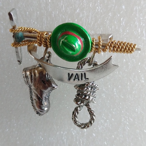 VAIL | Jewelry | Vintage Vail Pin With Charms Hat Boot Rope Enamel ...